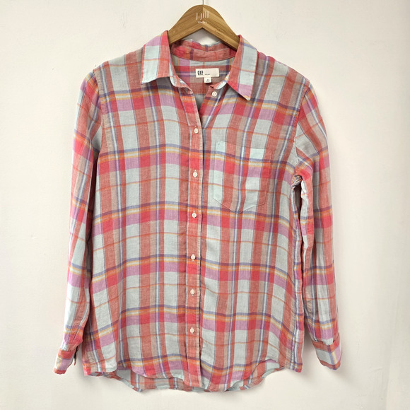Gap Shirt Size M Pink Blue Plaid Button Up Long Sleeve Casual 100% Linen Womens - Picture 1 of 6